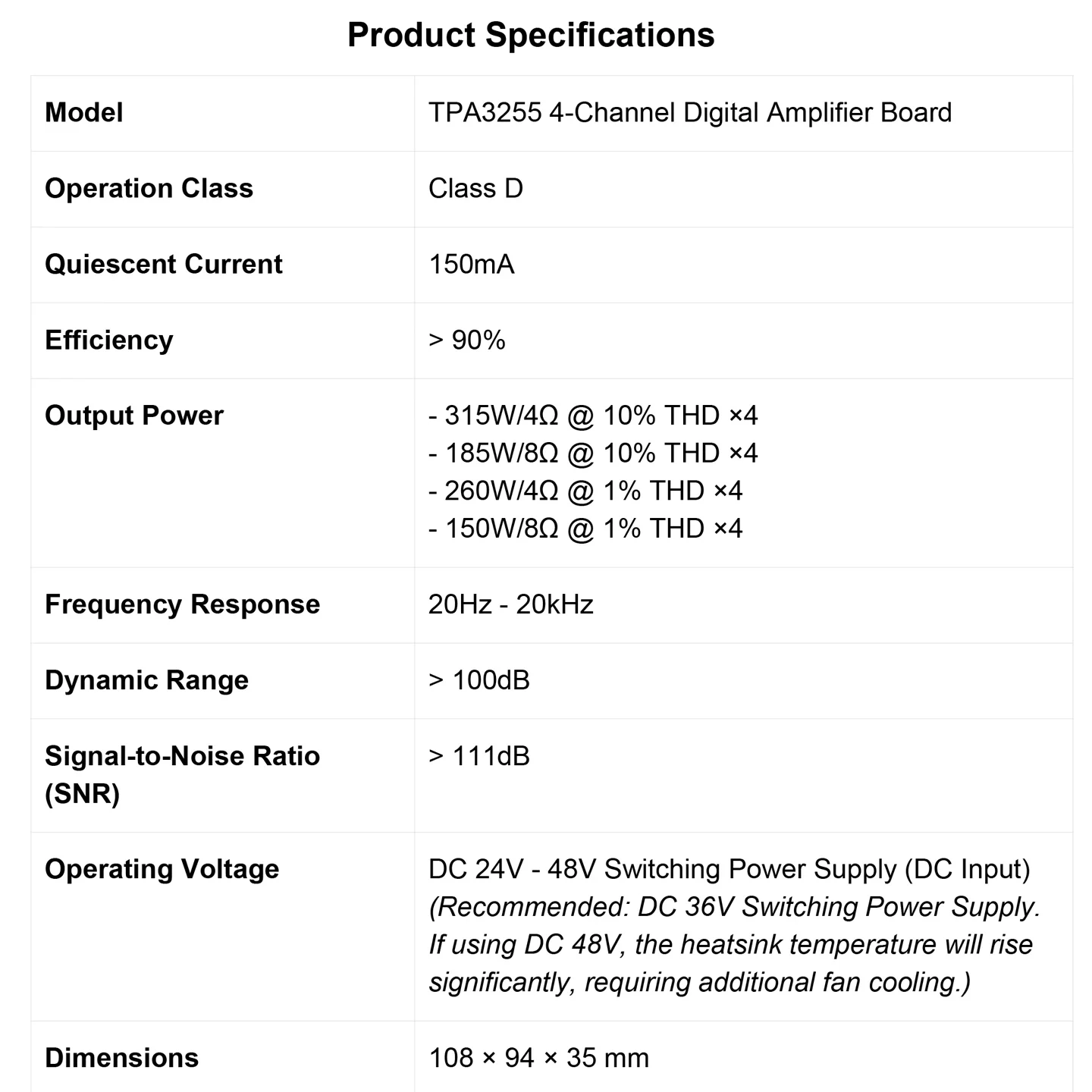 YJCO TPA3255 4-Kanal Class D HiFi Digitaler Leistungsverstärker Board mit symmetrischem Eingang 315W×4 Hochleistungs-Audio-Verstärkermodul – Detail 6