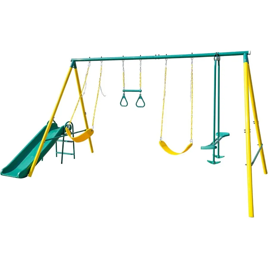 مجموعة أرجوحة معدنية شديدة التحمل 5 في 1 مع حزام أرجوحة شراعية وشريحة للاستخدام الخارجي وتصميم AFrame يدعم ما يصل إلى 500 رطل