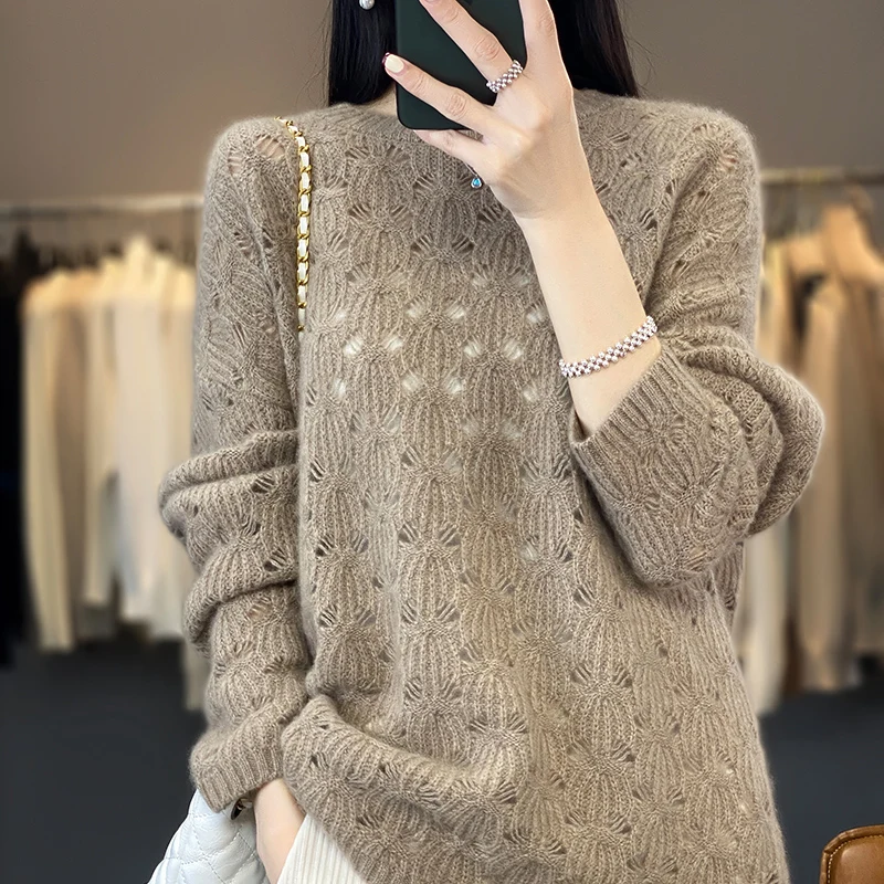 Autumn and Winter New 100 Cashmere Sweater Hook Flower Hollowed-out Jacquard Sweater Long Sleeve Women Loose Lazy Wool Solid Col