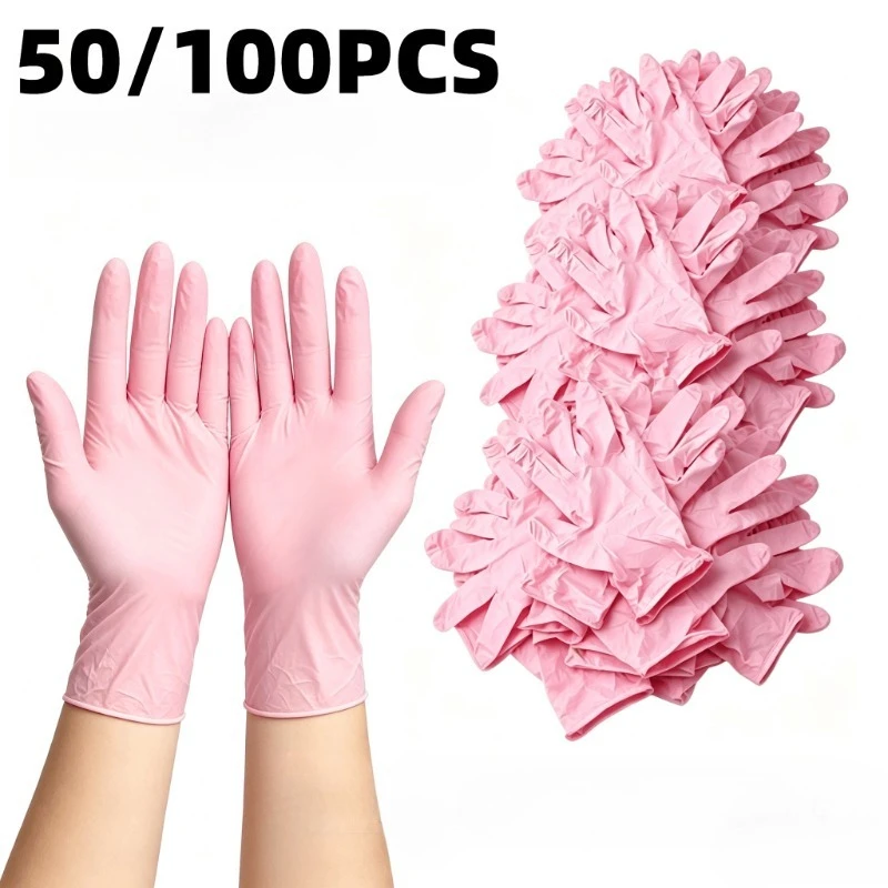 50/100PCS Light Pink Nitrile Gloves Powder‑Free Flexible Handwear for Beauty Hair Salon  Home Cleaning