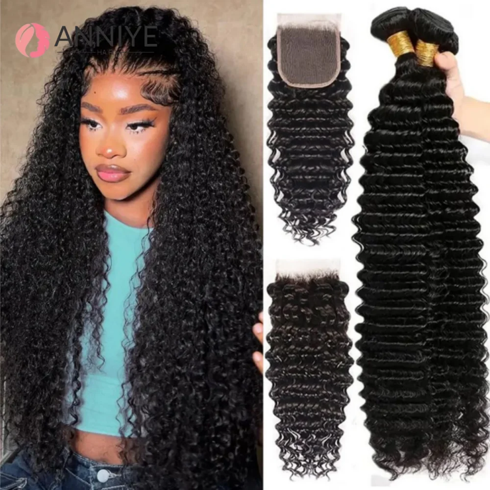 

Human Hair Bundles With Closure Deep Wave Brazilian Virgin Human Hair Weave 3 Bundles With 4x4 Lace Closure Natural Black Color