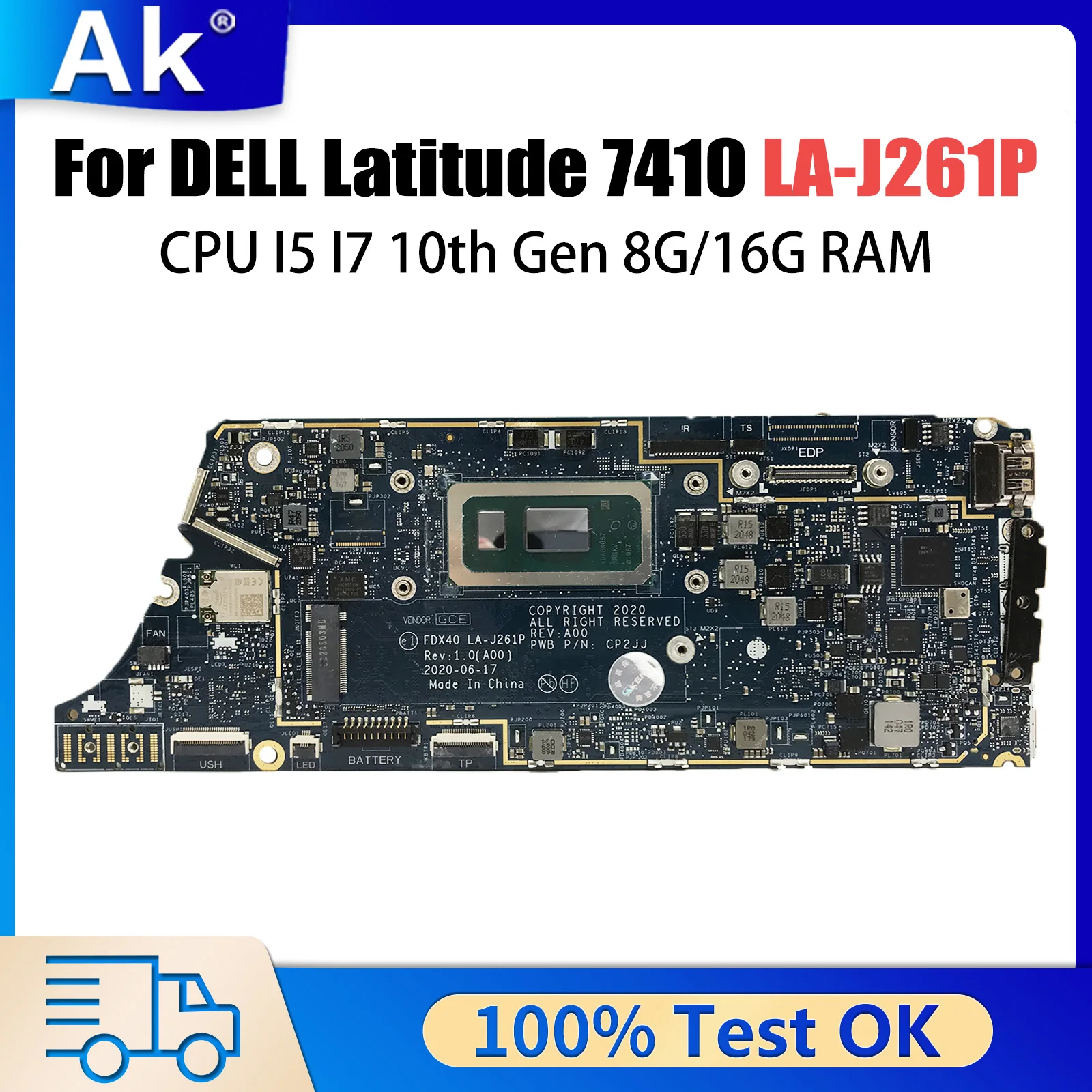 LA-J261P For DELL Latitude 7410 Laptop Motherboard CPU I5 I7 10th Gen 8G/16G RAM Mainboard CN-0GYV1X 04J6CM 00N7RN