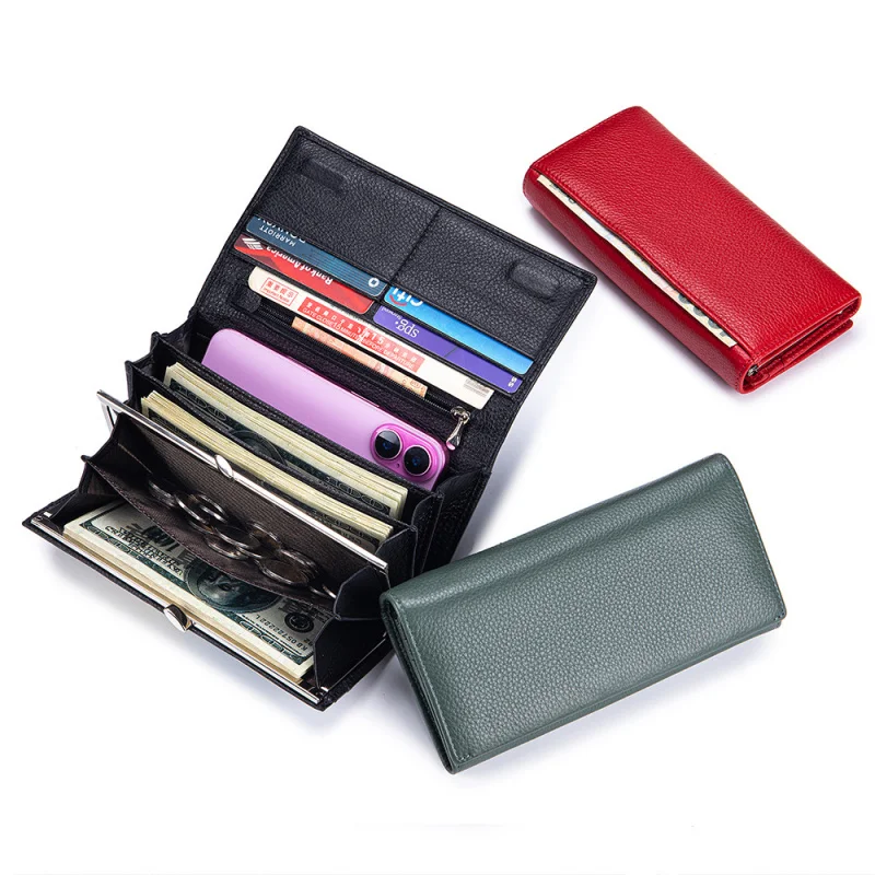 Western Cowhide Leather Long Large Capacity Clip Women Wallet Multi-functional Phone bag Purse for Ladies