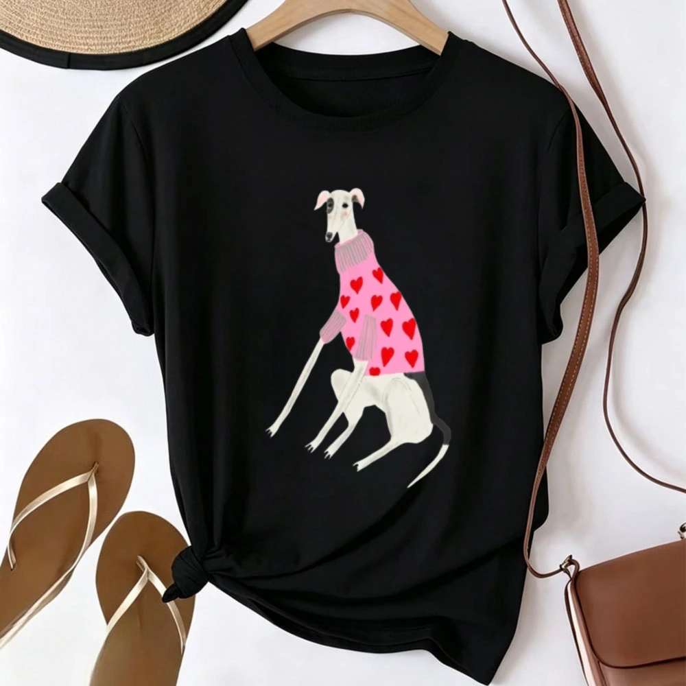 Cute Greyhound Dog Wearing Heart Sweater Graphic T Shirt Whippet Sighthound Pet Art Casual Tees Valentines Heart Pattern Tops