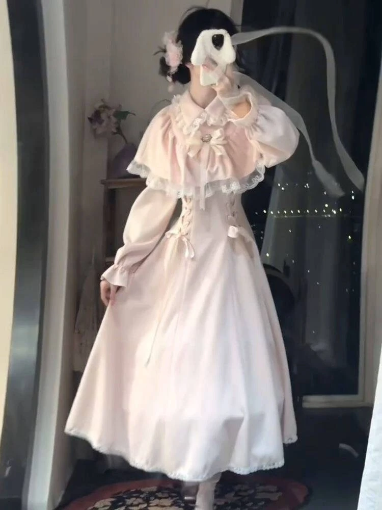 

Платье Лолиты с кружевным воротником и бантом, элегантное осеннее праздничное платье в стиле Харадзюку с рюшами и рукавами-колокольчиками, женское облегающее повседневное платье