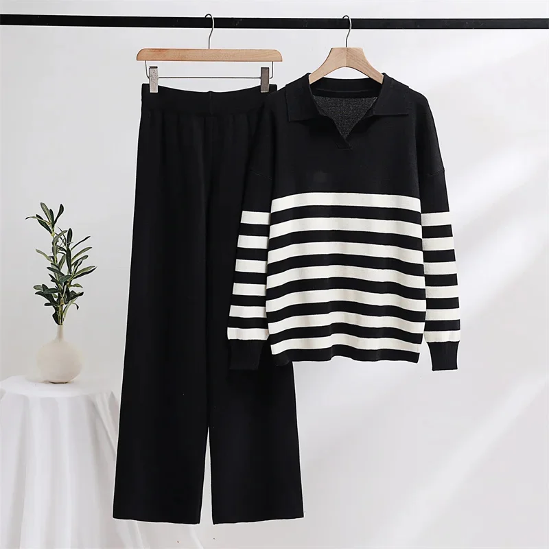 Casual Striped Knitted Two Piece Set Korean Loungewear Polo Sweater Matching Set Women Winter 2 Piece Knit Pants Set For Women