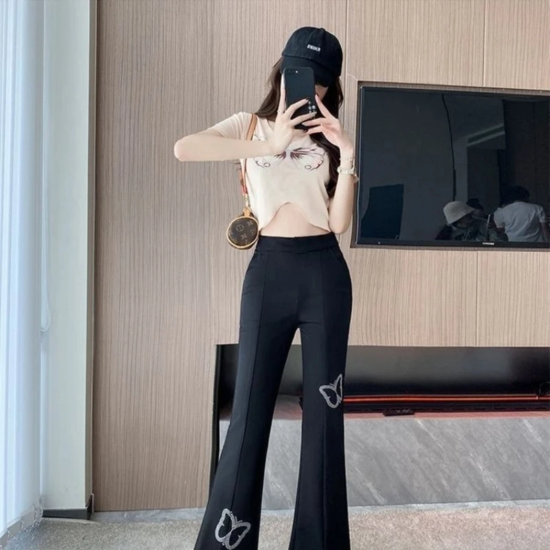 กางเกงบานเล็กน้อยสําหรับผู้หญิงฤดูใบไม้ผลิและฤดูร้อน 2025 ใหม่เอวสูงเข้ารูปพอดียืดกรีดกางเกงลําลอง