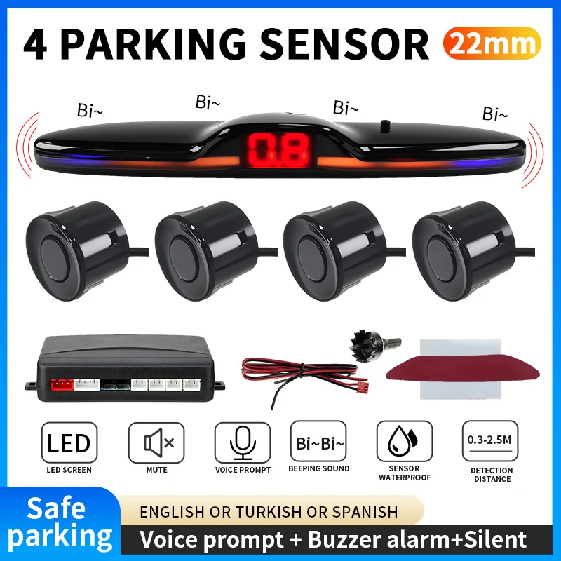 22mm 4 Parking Sensor Kit Reversing Rear Car Backup Radar Detectors Backing Assistance Sound Aler Voice Prompt Safe Parking