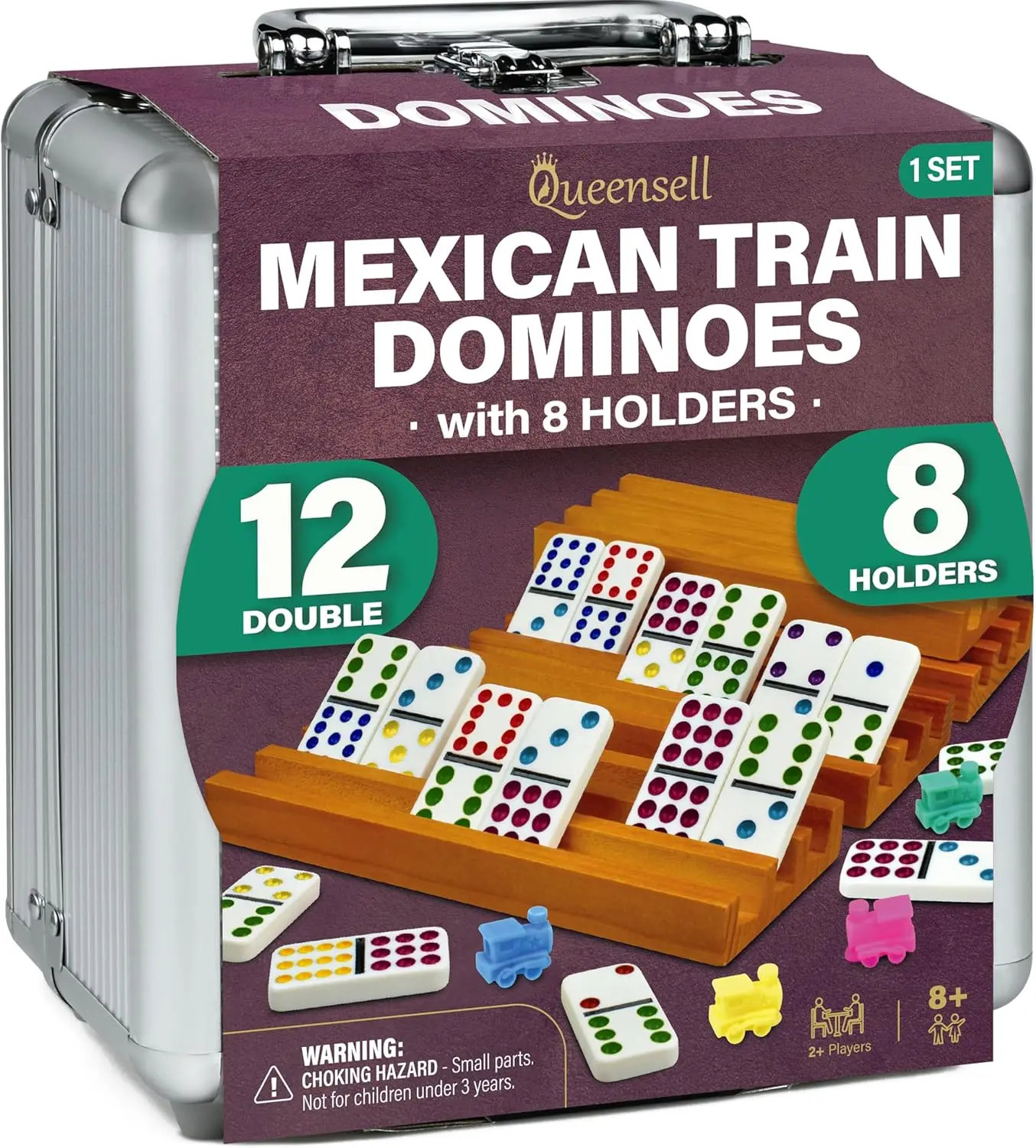 

Mexican Train Dominoes Set Double 12 with 8 Holders and Hub Wooden Tiles