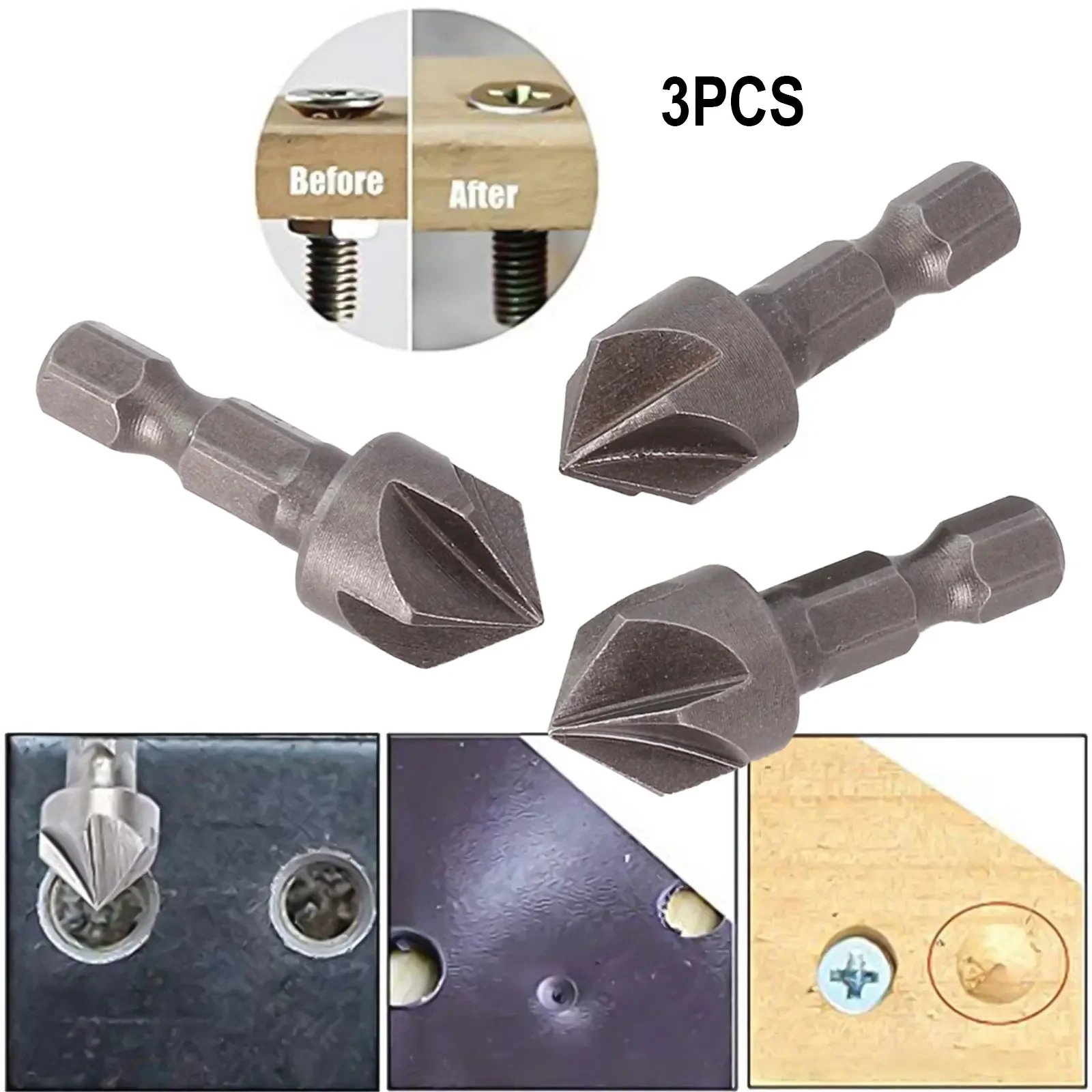 3 Pcs 5 Flute Countersink Drill Bits 1/4