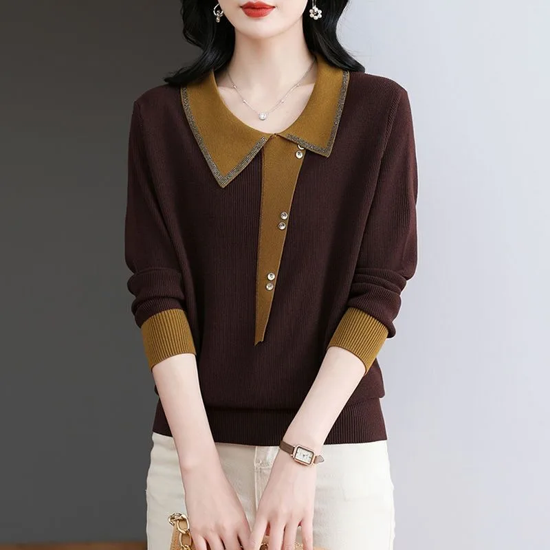 Haut en maille à col polo contrasté pour femme, manches longues amples, tricot fin, chemises basiques, printemps et automne