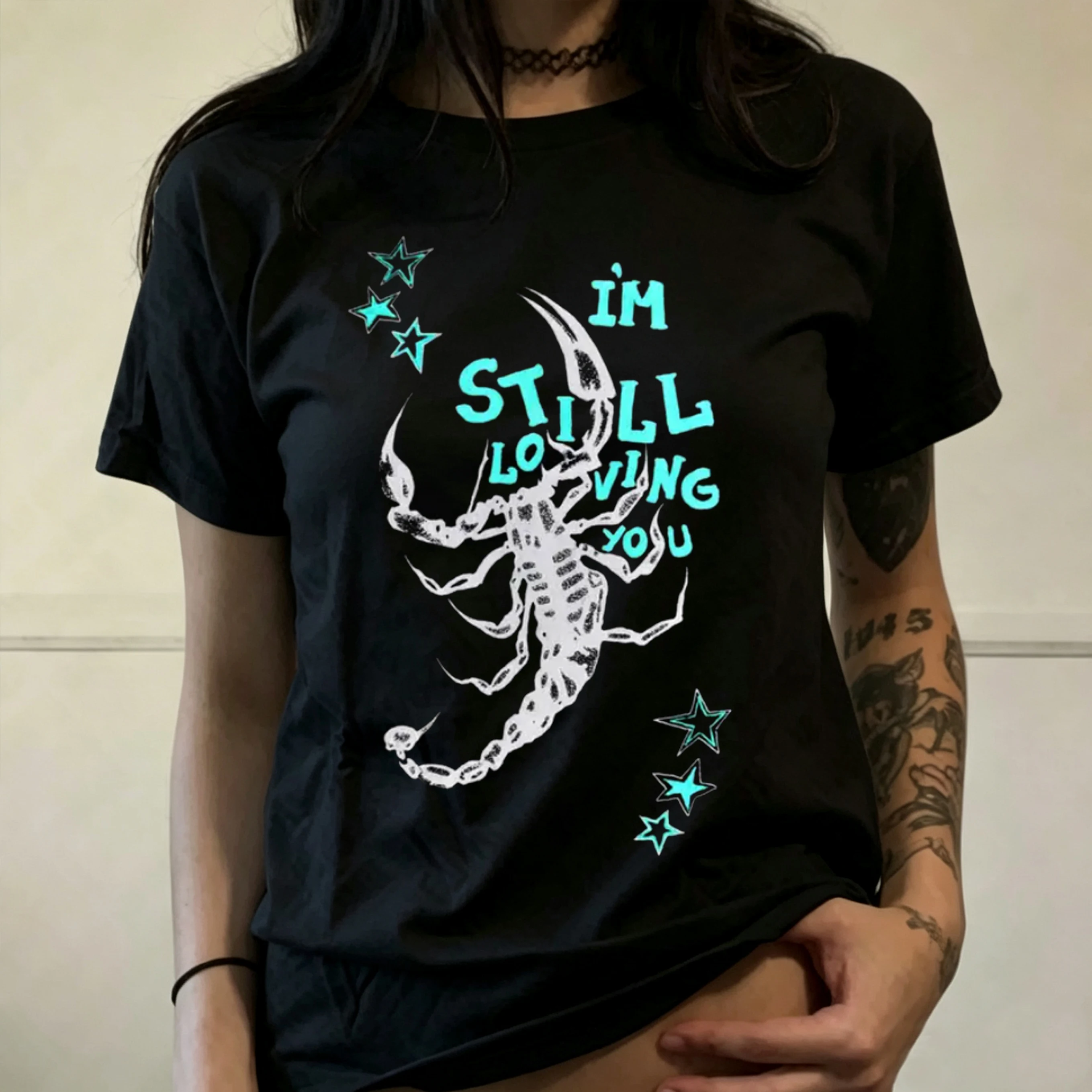 I'm Still Loving You Scorpion Tattoo Gothic Graphic Tee Grunge Y2K T-shirt Y2K Retro Print Men Women Harajuku Vintage Tops