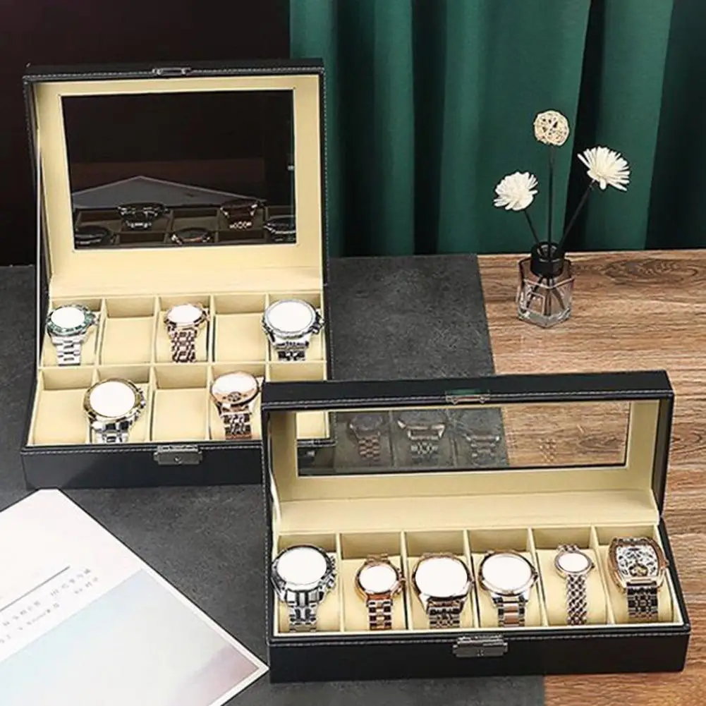 

Watch Storage Box with Transparent Window And Lock Wooden Bracelet Organizer Faux Leather Dustproof Jewelry Storage Case