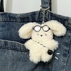 Plush Rabbit Pendant Bag Charms Soft Lovely White Bunny Glasses Ornament Keychain Car Backpack Decor Stuffed Dog Doll Toy Gift