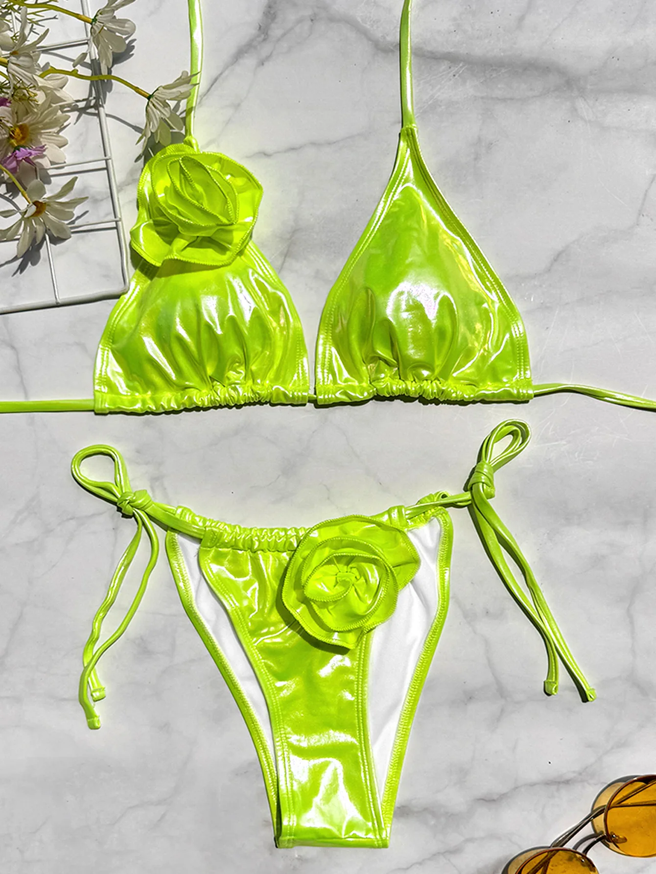 Bikini zestaw fluorescencyjny zielony 3D kwiat stroje kąpielowe Bikini Mujer stroje kąpielowe kobiety błyszczące plaża strój kąpielowy strój