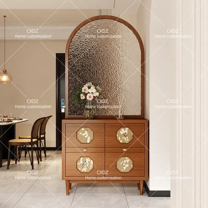 Solid Wood Entry Door Screen Partition with Water Pattern Glass Living Room Shoe Cabinet Entrance Storage Cabinet Household
