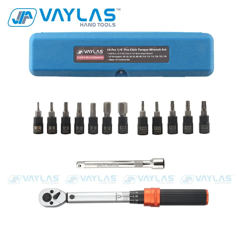 

5-25N.m Bike Torque Wrench Set 1/4 Inch Drive Click Torque Wrench Dual-Direction Bicycle Maintenance Kit 14Pcs Bike Tool Kit