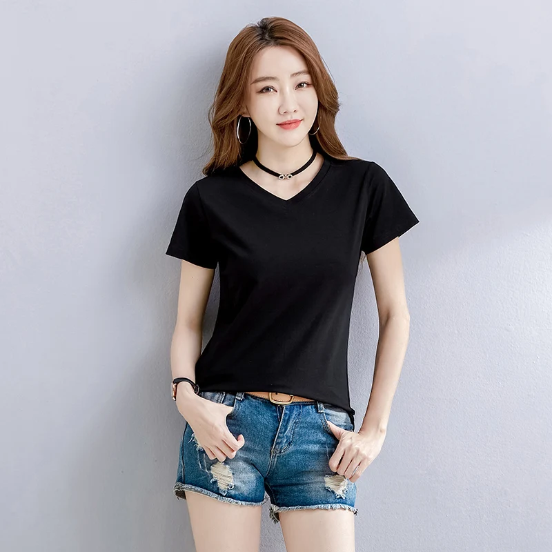 

New Korean Style Fashionable Comfortable Versatile Women'S V-Neck Short Sleeved T-Shirt For Summer Commuting Slim Fit Base Top