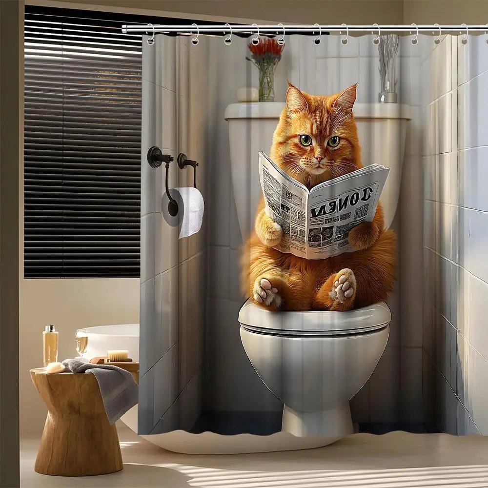 مضحك القط دش الستار البرتقالي القط على المرحاض قراءة صحيفة جميل هريرة لطيف الحيوانات الأليفة ستارة حمام النسيج اكسسوارات الحمام #2