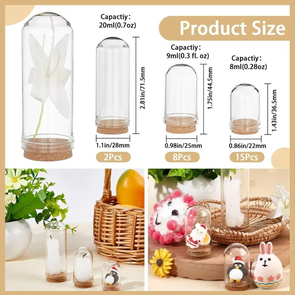 25Pcs Glass Cloche Dome 3 Size Mini Display Bell Jar with Base Stand Cover DIY Decorative Vial Terrarium Cabochons Bottles