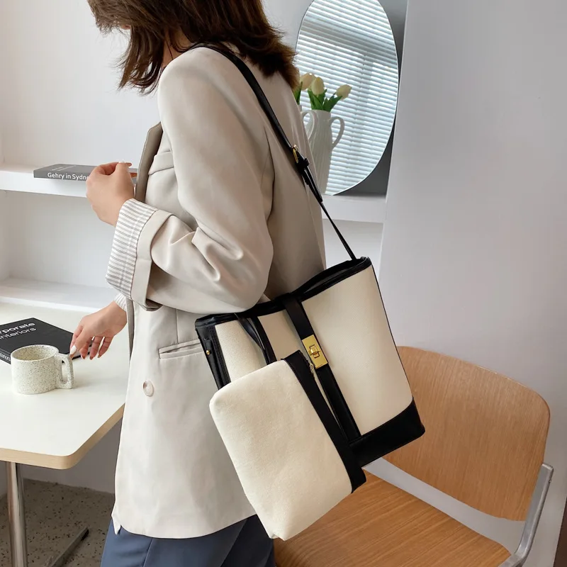 Nieuwe Casual Canvas Emmer Tote Tas Voor Vrouwen Dames Contrasterende Draad Grote Capaciteit Schouder Crossbody Hanndbag Purse