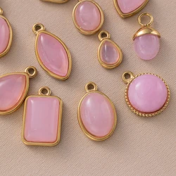5pcs Stainless Steel Pink Quartz Round Shape Pendant Charms For DIY Handmade Earrings Necklace Bracelet Jewelry Making Supplies