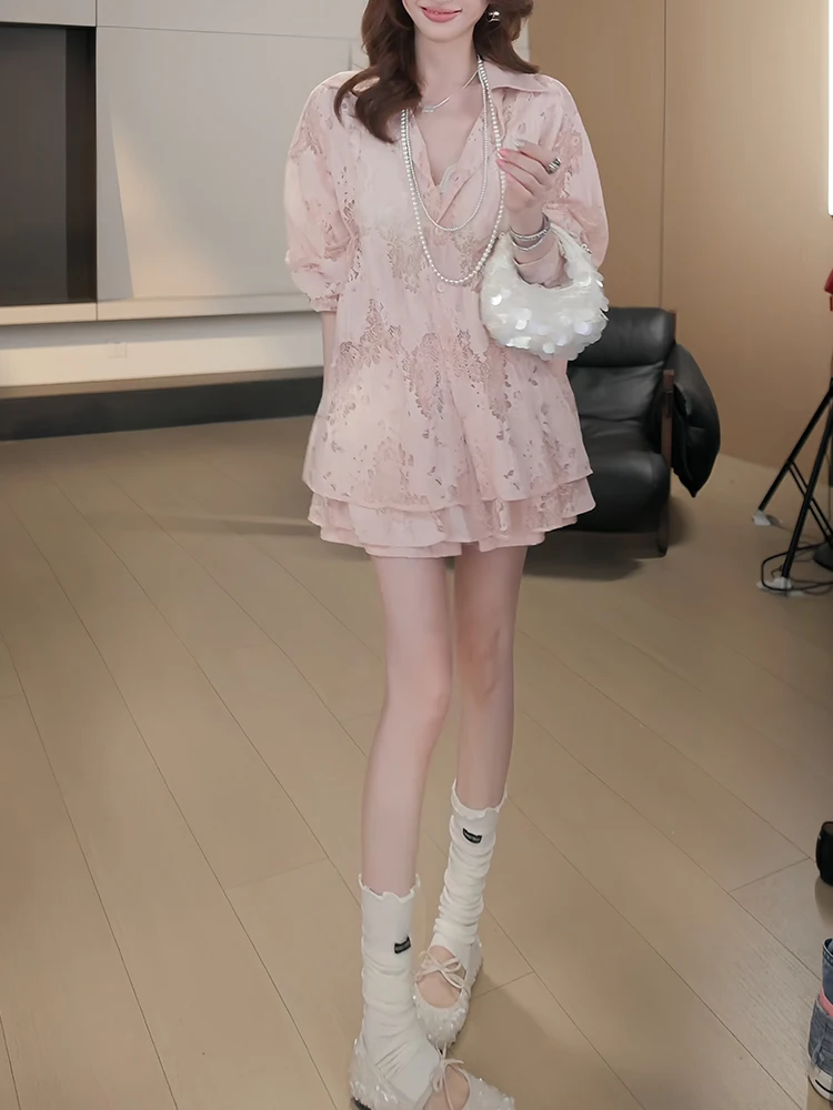 

Pink Lace Hollow out Shirt And Short Skirt Set Women's Fashion Spring Collection Breathable Casual Style High Waist Design