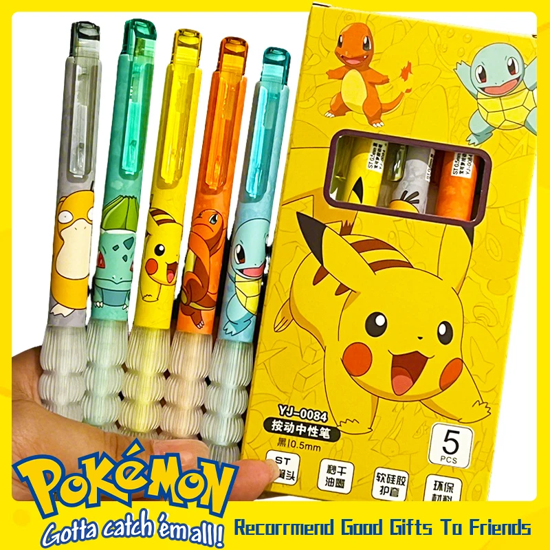 5pcs Pokemon Pens Gel Ink Kawaii Pikachu Squirtle Charmander Press Anime Cartoon School Stationery Office Supply Kids Gift