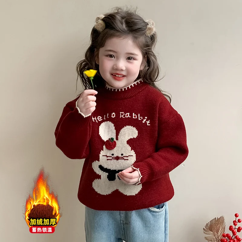 

Christmas Red Sweet O-neck Pullovers Girls Cartoon Rabbit Knitted Sweater Tender Autumn Winter Warm Jumper Fashion Soft New Year