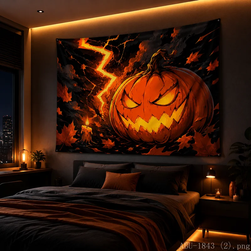 VIKAMA Angry Evil Pumpkin Tapestry Lightning Maple Dark Halloween Art Wall Hanging Teen Bedroom Dorm Decor Cloth