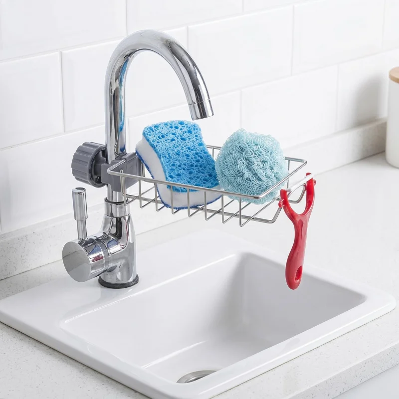 Stainless steel washbasin tray, kitchen sink drain rack, dishwashing sink storage drain basket, multifunctional faucet shelf