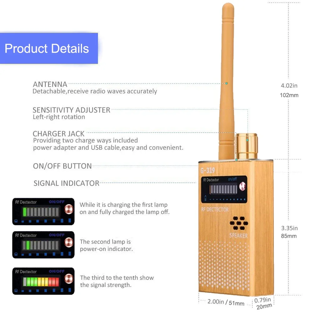 G319A Wireless RF Signal Detector Cell Phone Detects Bug GPS Tracker Hidden Camera GSM Listening Device Finder Scanner 1-8000MHz