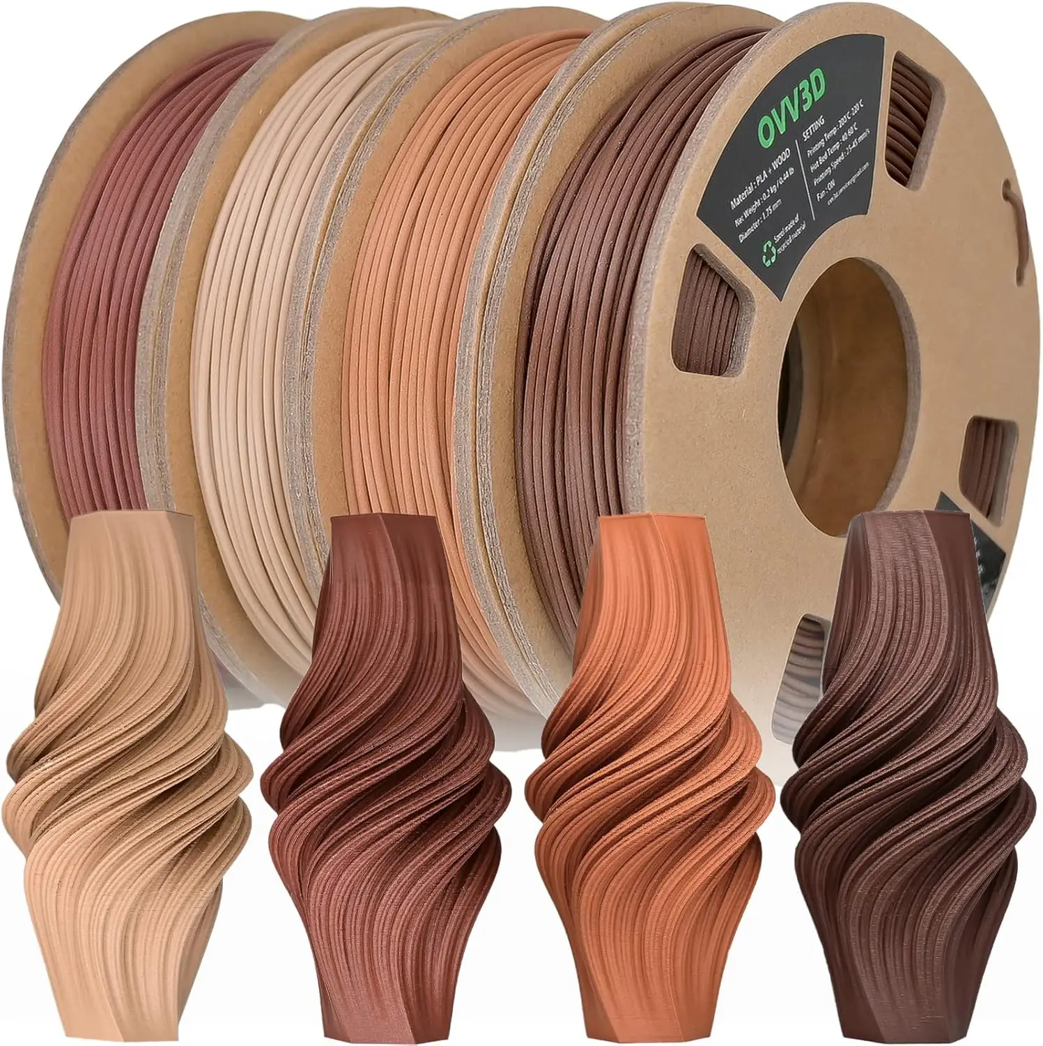 

Wood PLA Filament Bundle, 1.75mm with Real Wood Fiber, Walnut Oak Cherry Teak, 200g X 4 Pack for 3D Printing