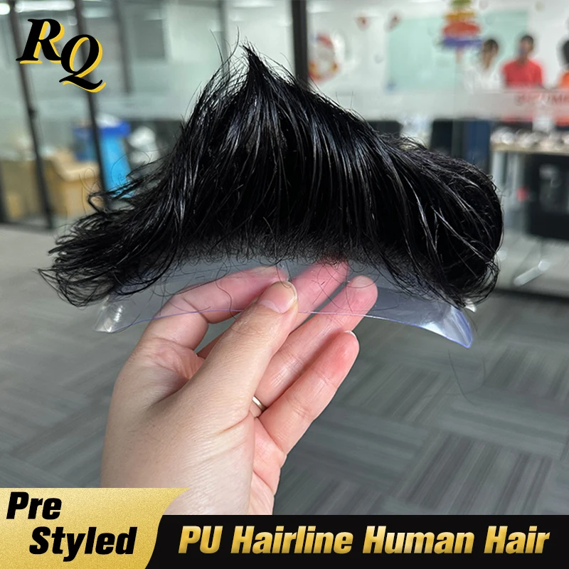 رقيقة الجلد الطابق السفلي قبل تصميم الرجال أمامي الشعر المستعار شعر بشري حقيقي شعري بولي PU الاصطناعية الذكور الجبين الخامس حلقة خط الشعر الأمامي #4
