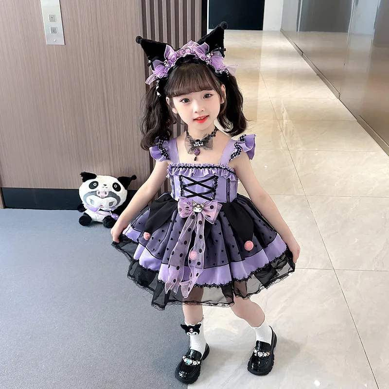 Kawaii Sanrio Kuromi Dress Lolita Girls Party Clothes Fashion Printing Bow Tie Dresses Halloween Birthday Girls Gift