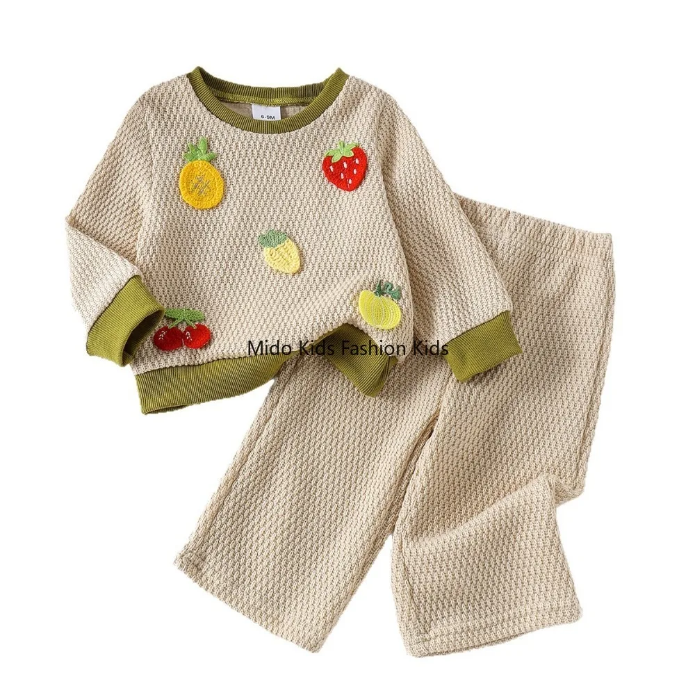 Spring Fall Girls Fruit Print Outfit Round Neck Top Wide Leg Pants Cute Dopamine 2 Piece Set for 6M-3Y
