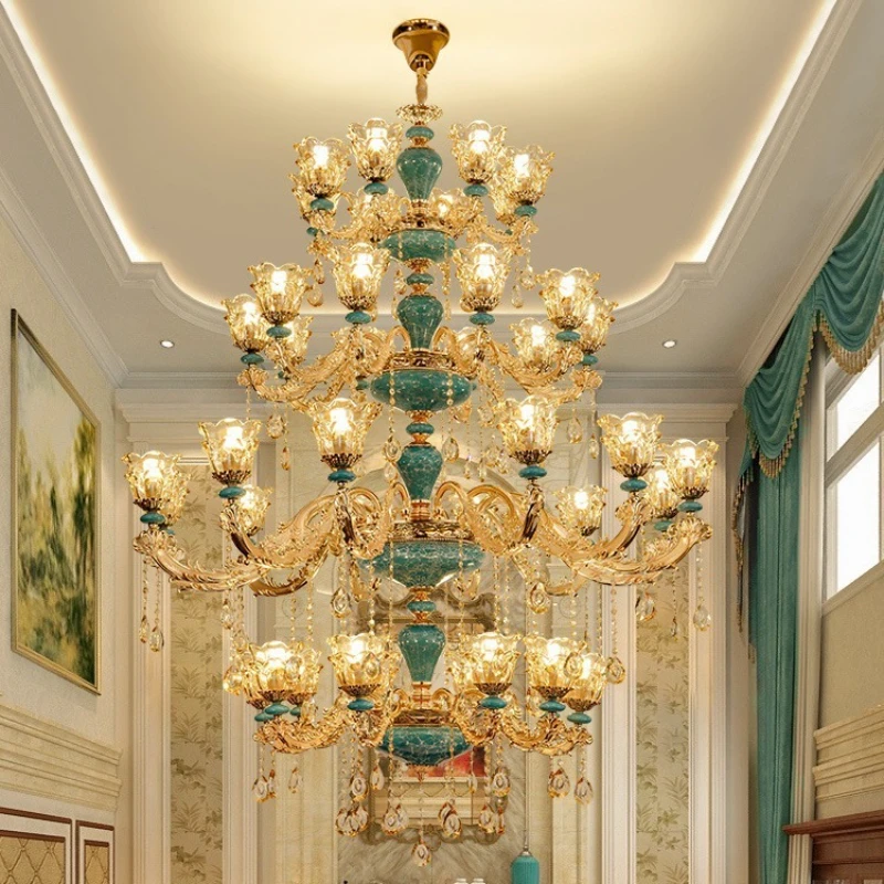 

Duplex building, living room, large chandelier, European-style villa, crystal staircase, hollow building, middle floor with high