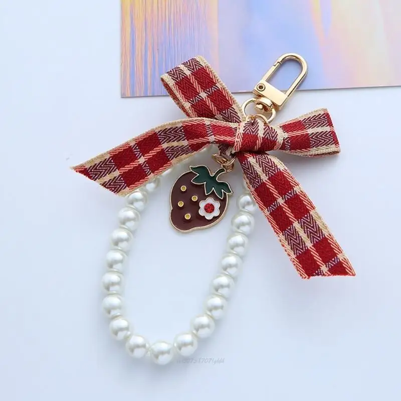 

X5XA прекрасный клубничный брелок с бантиками, брелоки с имитацией жемчуга, брелок для ключей с бантами, автомобильные брелоки,