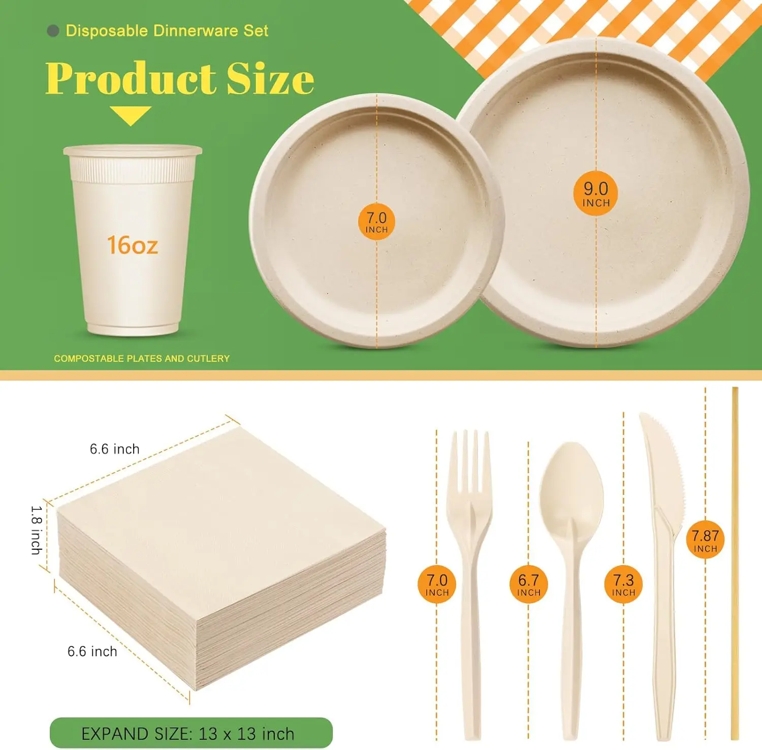 Gezond 400Pcs Compostable Paper Plates Set Eco-Friendly Heavy-Duty Disposable Paper Plates Cutlery Includes Biodegradable