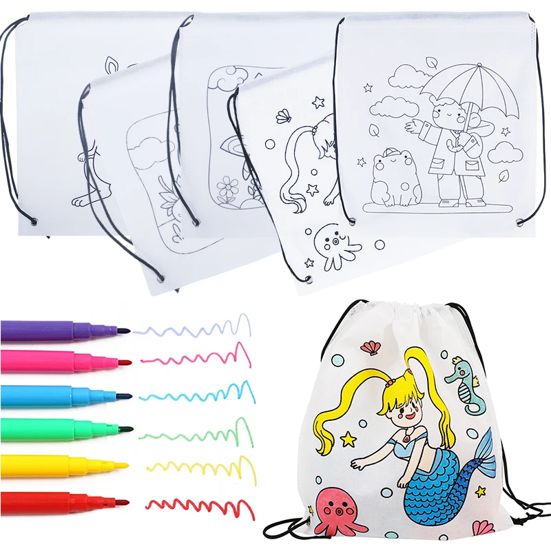 Drawstring Bag Painting Set 5/10PCS Cute Cartoon Pattern Backpack with Colorful Pens  Festival Party Souvenir School Rewards ZYF