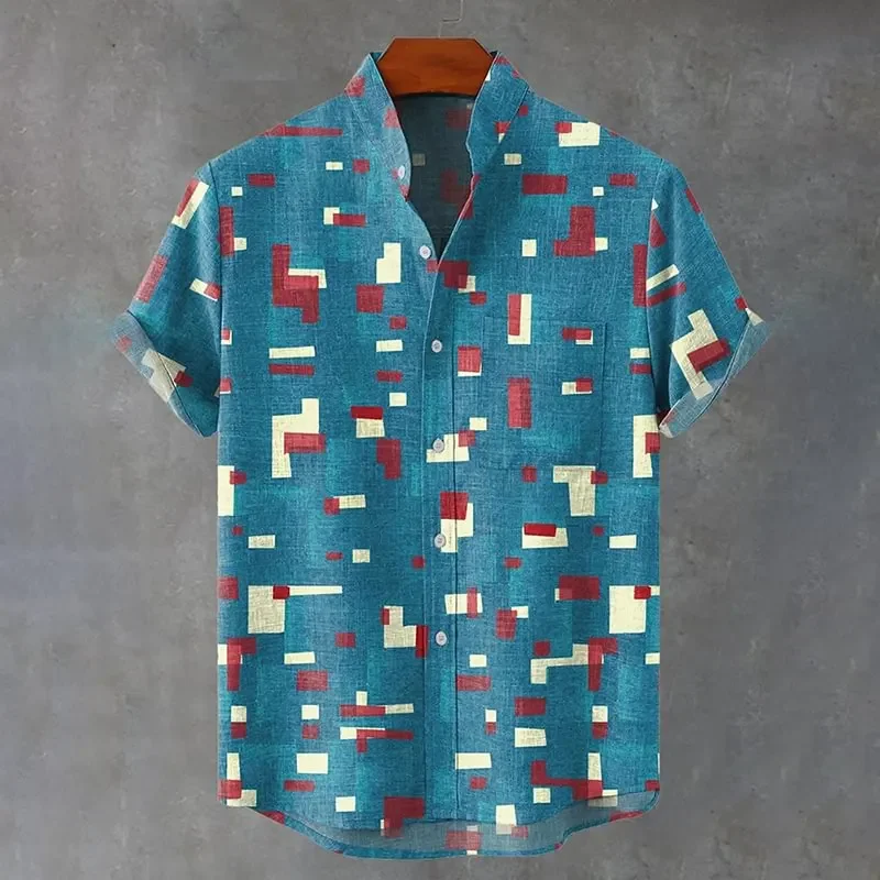 

New 3D Blue Yellow Gradient Art Printed Men's Short sleeved Shirt Linen Modern Abstract Style Flip Collar Casual Shirt