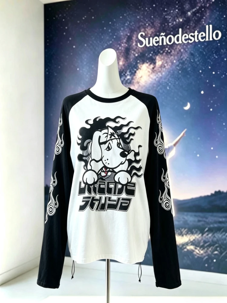 Y2K Harajuku Lolita Long Raglan Sleeve T Shirt Women Vintage Washed Cartoon Dog Foam Print Oversized Loose Fit Streetwear Outfit