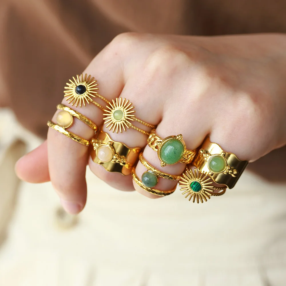 

Fashion Green Opal Oval Ring For Women Turquoise Sun Open Adjustable Ring Birthday Party Boho Jewelry Gift