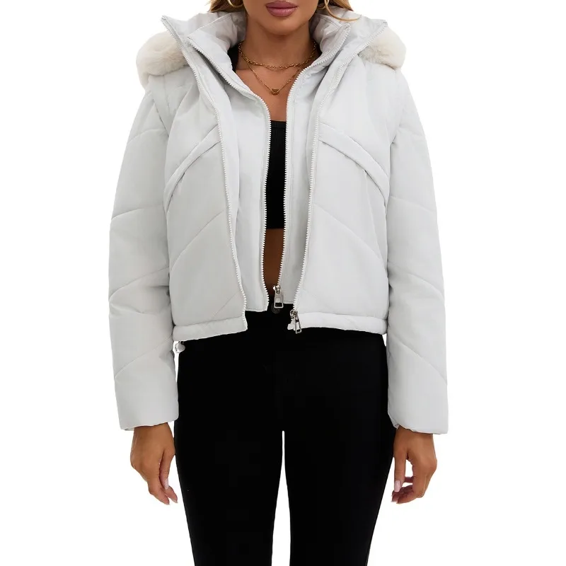 

2025 Fake Two Cotton-padded Clothes Detachable Sleeve Vest Fashion Short Hooded Coat in Autumn and Winter