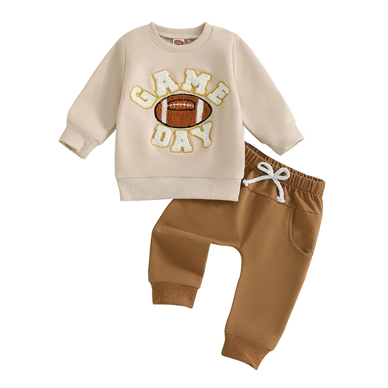 

Infant Toddler Boys Fall Outfits Letter Rugby Pattern Long Sleeve Crew Neck Sweatshirts with Solid Pants 2 Pcs Set