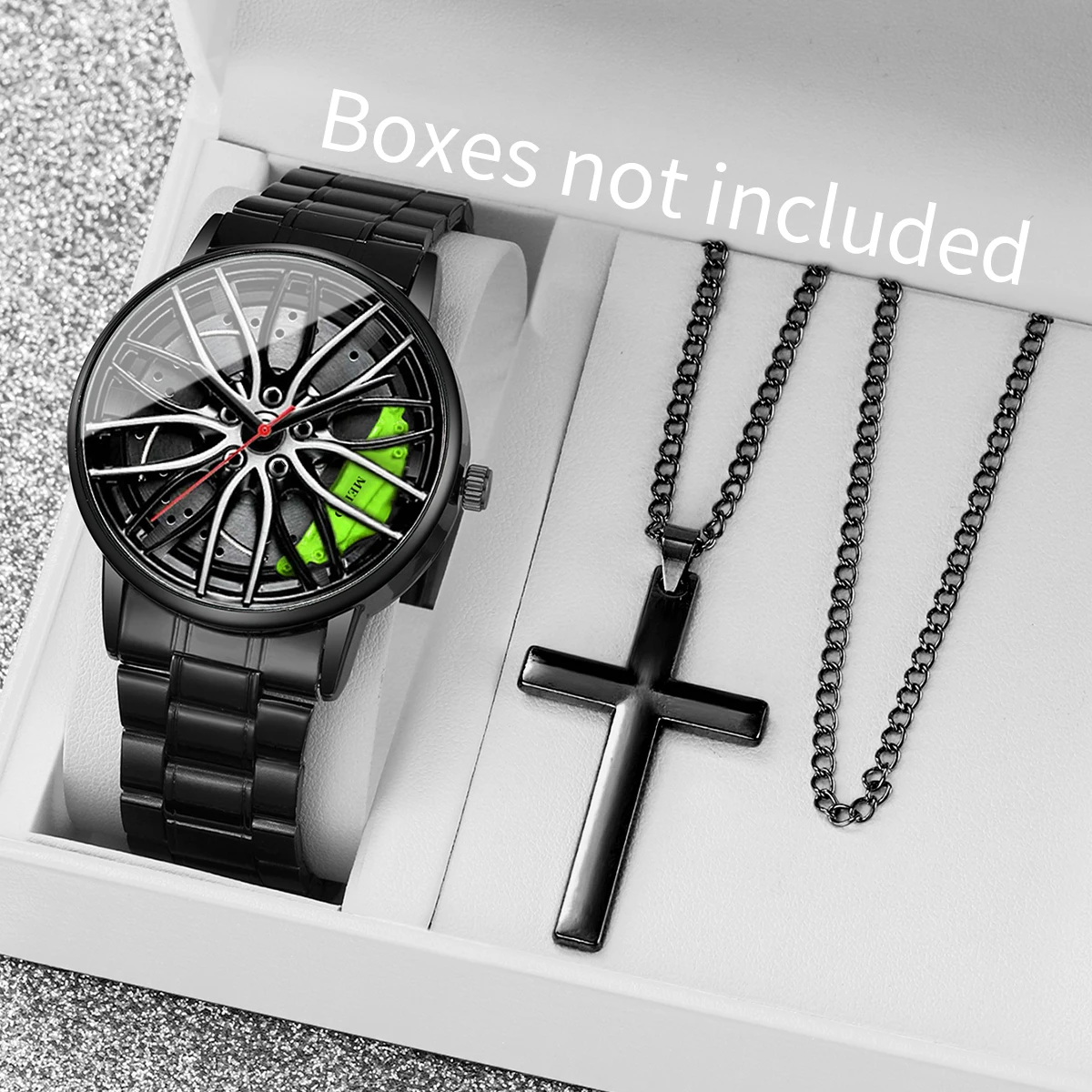 2PCS Fashion Men Watches 3d Car Wheel Sports Watch Casual Stainless Steel Band Male's Wristwatches Necklace Set（Without Box）