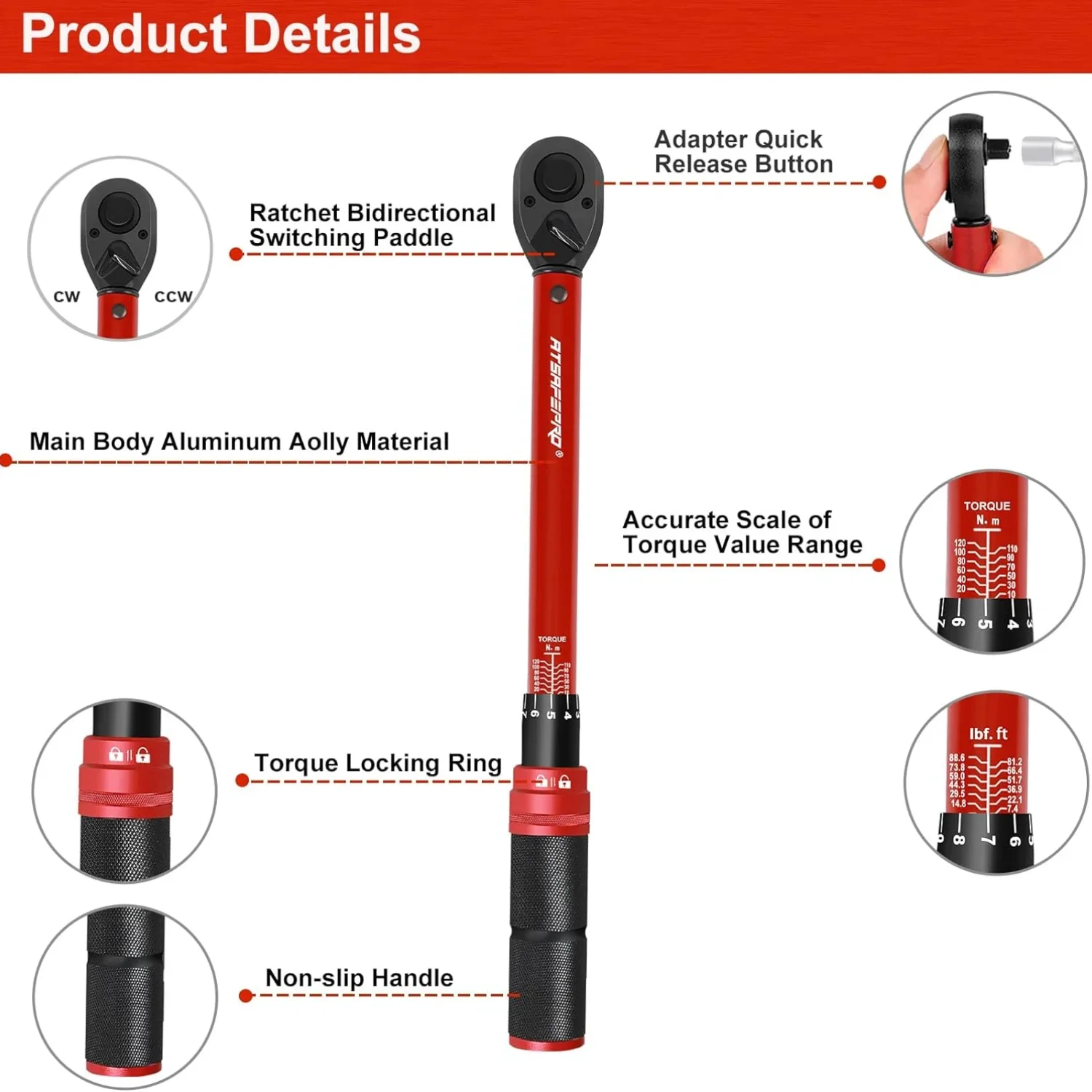 ATsafepro 3/8 inch Torque Wrench Adjustable in Both Directions10-120 Nm Accuracy 3% for Car Motorcycle and Bicycle Maint