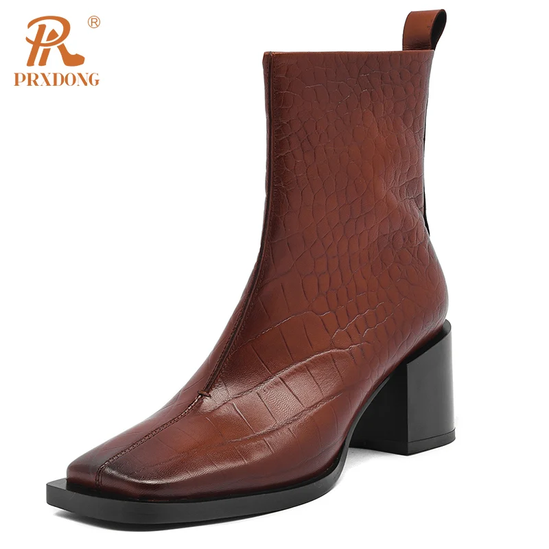 

PRXDONG 2024 New Classics Genuine Cow Leather CHunky HIgh Heels Square Toe Black Brown Zipper Dress Casual Lady Ankle Boots 39