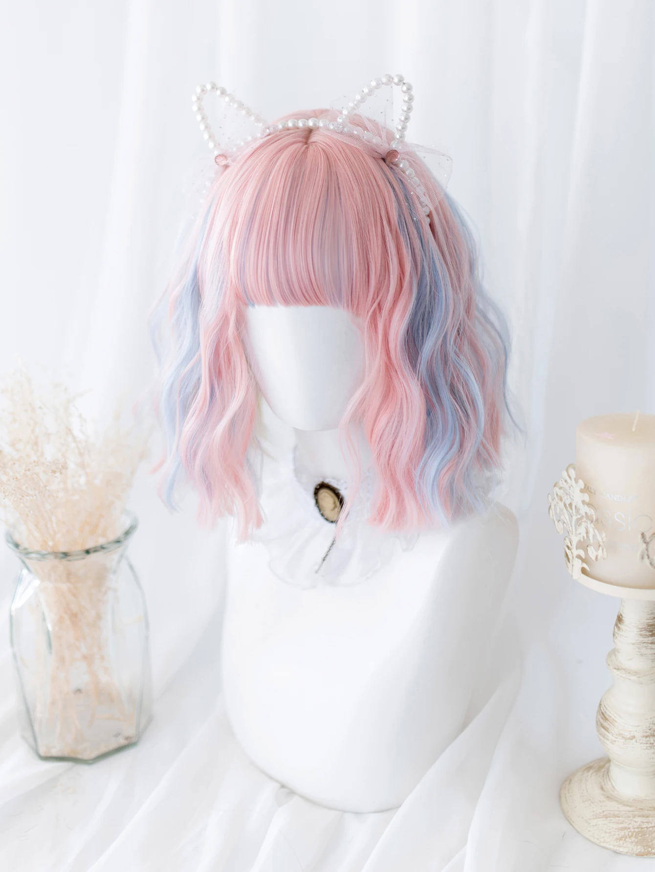 12Inch Blue Pink Double Color Synthetic Wigs With Bang Short Natural Wavy Hair Wig for Women Daily Use Cosplay Heat Resistant