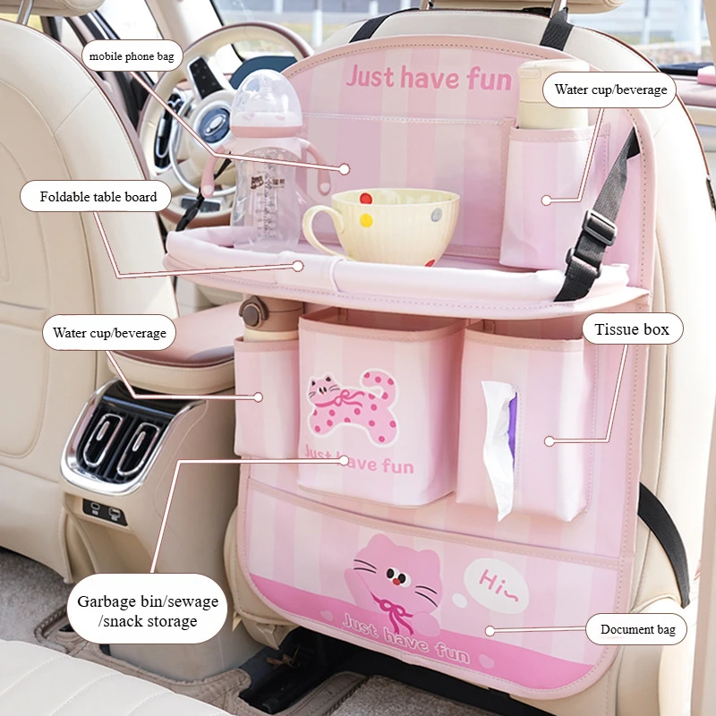 Leather Car Seat Back Storage Bag Multifunctional Hanging Bag Cute Cat Design Small Table Shelf Rear Seat Organizer